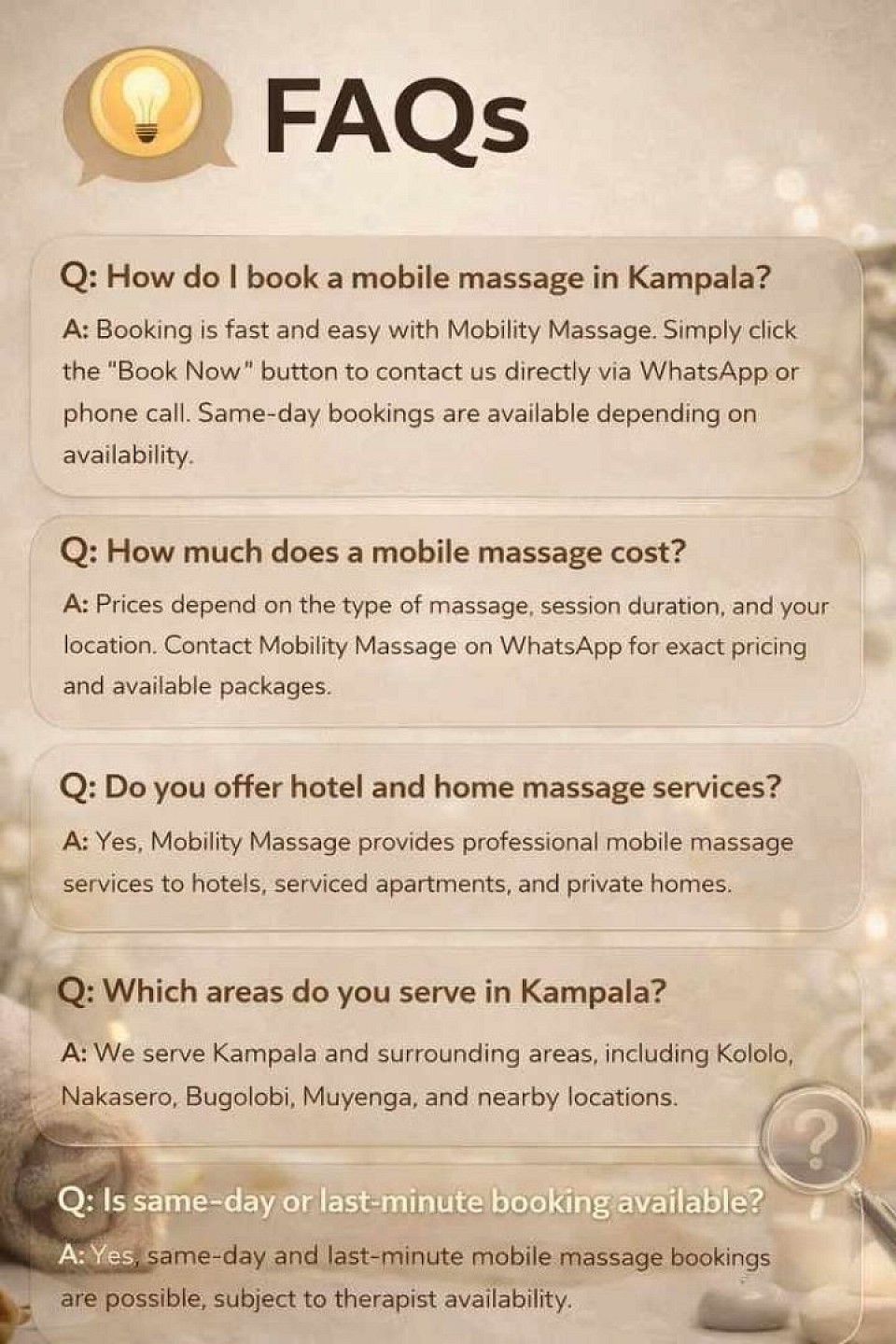 Frequently asked questions about booking mobile massage services in Kampala, including pricing, hotel and home massage availability, service areas, and same-day booking with Mobility Massage.
